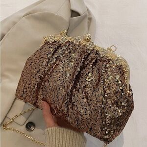 Womens Gold Bridal Evening Bags Chain Crossbody Sequin Glitter Purse Handbag